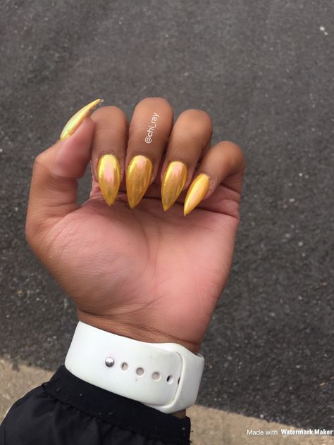 Chrome Nails Gold Nails Unicorn Nails Stiletto Nails Long Nails Yellow Nails #paintobsessed #paintthesalon Golden Yellow Nails, Crome Yellow Nails, Light Yellow Nails With Chrome, Yellow Gold Nails, Yellow Metallic Nails, Pastel Yellow Nails Chrome, Yellow Chrome Nails Designs, Mustard Yellow Chrome Nails, Yellow And Gold Nails