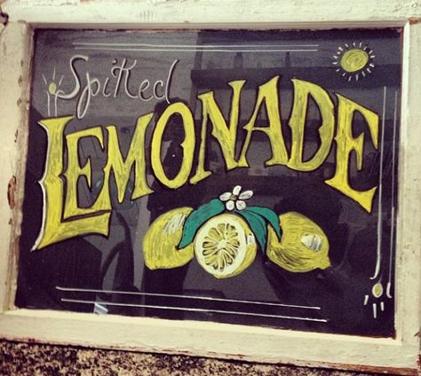 Summery spiked lemonade signage on a rustic window. @sharpshootersigns.com Lemonade Chalkboard Sign, Lemonade Stand Sign, Diy Lemonade Stand, Spiked Lemonade, Diy Lemonade, Lemonade Bar, Sharp Shooter, Lemonade Sign, Bar Stuff