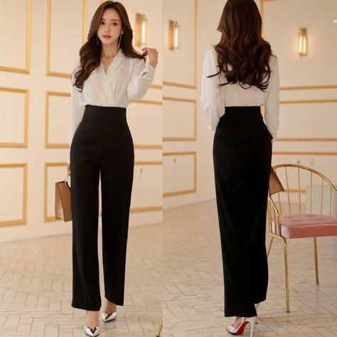 Sailor Pants Outfit, Genya Sanemi, Formal Pants Women, Types Of Trousers, Outfit Petite, Outfit Elegantes, White Lace Shirt, Woman In Suit, Trouser Outfit