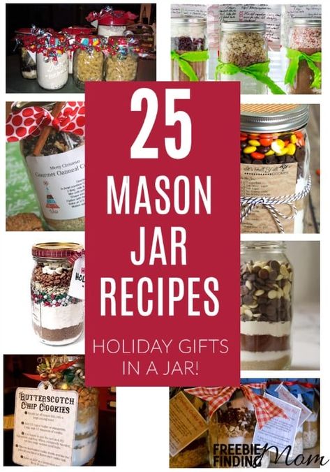 Mason jar recipes make thoughtful, inexpensive gifts in a jar that are perfect for friends, teachers, babysitters, and mail people. Be inspired by these recipes in jars for cookies, brownies, soups, pancakes, and more. Mason Jar Recipes, Jar Food Gifts, Mason Jar Gifts Recipes, Mason Jar Cookie Recipes, Mason Jar Mixes, Container Art, Mason Jar Recipe, Gifts In A Jar, Mason Jar Desserts