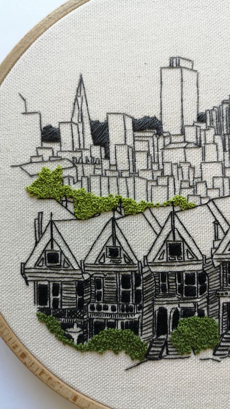 Architectural Embroidery, Doodle Stitching, City Embroidery, French Knot Embroidery, String Art Patterns, Diy Embroidery Patterns, Handmade Embroidery Designs, Bubble Art, Sewing Embroidery