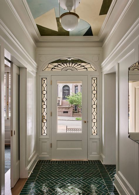 Wood Cornice, Brooklyn Townhouse, Brooklyn Design, Brick Masonry, Park Slope, Green Flooring, Vogue Living, Green Tile, Entry Way