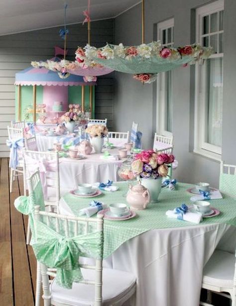 Black Setup, Hanging Umbrellas, Mary Poppins Party, Fancy Tea, Babyshower Party, Tea Party Table, Chair Bows, High Tea Party, Tea Ideas