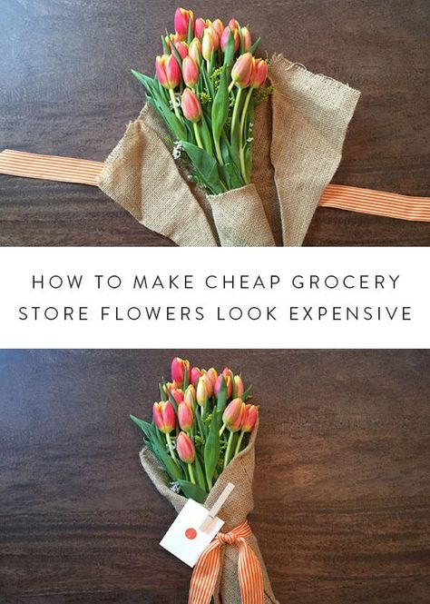 The Easiest Way to Gift Cheap Flowers. A super-easy tutorial for upgrading store-bought blooms. Diy Hostess Gifts, Cheap Groceries, Cheap Flowers, How To Wrap Flowers, Cadeau Diy, Host Gifts, Flowers Gift, Cheap Gifts, Coffee Gifts