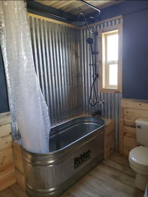 Galvanized Tub Ideas Bathroom, Water Trough Bathtub, Galvanized Shower, Galvanized Bathtub, Brian Flanagan, Trough Bathtub, Rustic Cabin Bathroom, Dog Tub, Farm Sinks