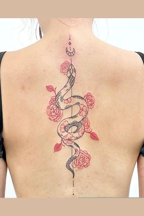 Spine Tattoo Red, Snake Spine Tattoo, Snake And Dagger Tattoo, Back Tattoo Women Spine, Tato Naga, Flower Spine Tattoos, Tato Dengan Makna, Tattoo Red, Tato Lengan