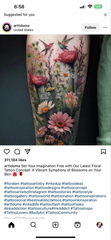 Garden Tattoos For Women, Wildflower Leg Tattoo, Flower Garden Tattoo, Floral Leg Sleeve Tattoo, Vintage Floral Tattoos, Lilly Tattoo, New Tattoo Styles, Flower Leg Tattoos, Sick Tattoos