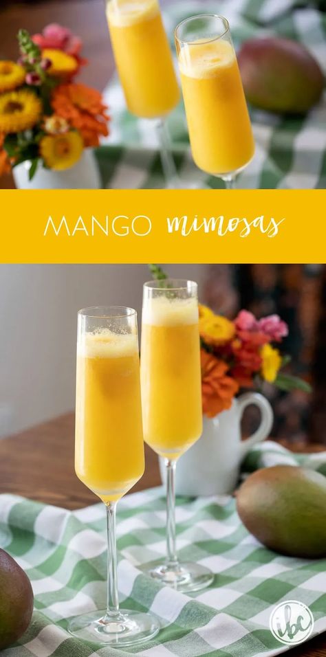 Easy Mango Mimosa Recipe #mango #mimosa #cocktail #brunch #prosecco #breakfast #sorbet #easy #recipe Mango Mimosa Recipe, Mimosa Recipe Champagne, Mango Mimosa, Spicy Jalapeno Margarita, Sorbet Mimosa, Grapefruit Mojito, Hosting Breakfast, Mango Sorbet Recipe, Cocktail Prosecco