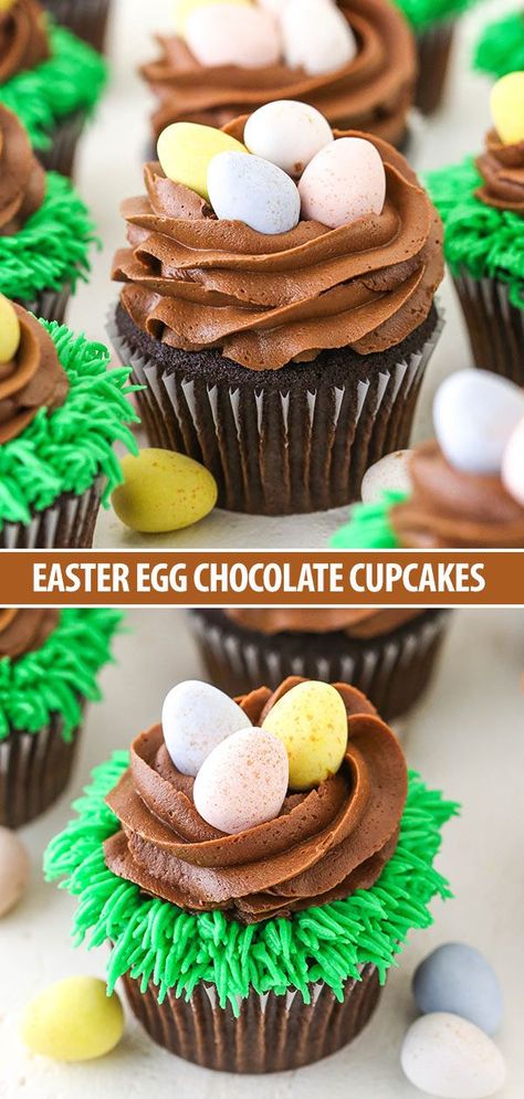 Easter Egg Chocolate Cupcakes - moist chocolate cupcakes topped with chocolate frosting "nests" and pastel colored Easter eggs! Easy Chocolate Cupcake Recipe, Easter Egg Chocolate, Moist Chocolate Cupcakes, Chocolate Nests, Colored Easter Eggs, Egg Cupcakes, Egg Chocolate, Chocolate Cupcakes Moist, Easy Easter Desserts