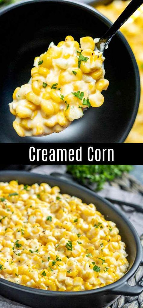 Creamed Corn is a delicious blend of corn kernels and milk, simmered on the stovetop to make a creamy, slightly sweet, classic southern corn side dish. This creamed corn recipe uses fresh, frozen, or canned corn. It's a traditional Thanksgiving side dish, and a delicious addition to a weeknight dinner. #corn #creamedcorn #thanksgiving #sidedish #side #homemadeinterest Thanksgiving Side Dishes Crockpot, Southern Corn, Thanksgiving Sidedish, Thanksgiving Recipes Side Dishes Veggies, Corn Side, Corn Recipes Side Dishes, Thanksgiving Side Dishes Healthy, Corn Side Dish, Creamed Corn Recipes