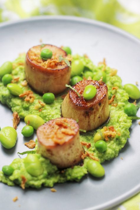 Edamame Puree, Fancy Vegetarian Dinner, Oyster Mushroom Scallops, Vegan Fine Dining, Mushroom Scallops, King Oyster Mushroom Recipe, Vegetarian Fish Sauce, Mushroom Recipes Vegan, Japanese Side Dish