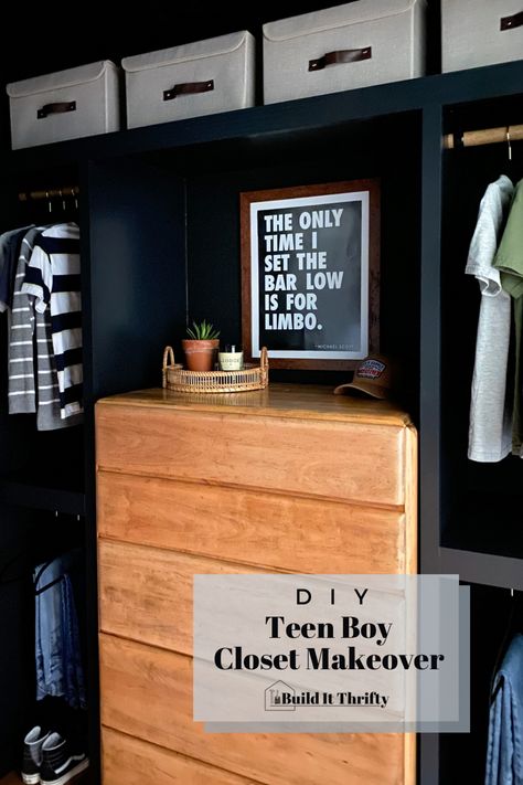 Black closet with stained dresser Curtain Closet Doors Boys Room, Teen Boy Shoe Storage, Boy Closet Ideas, Teen Boy Closet Organization, Boys Closet Ideas, Teen Boy Small Bedroom, Teen Closet Ideas, Boy Closet Organization, Boys Closet Organization Ideas