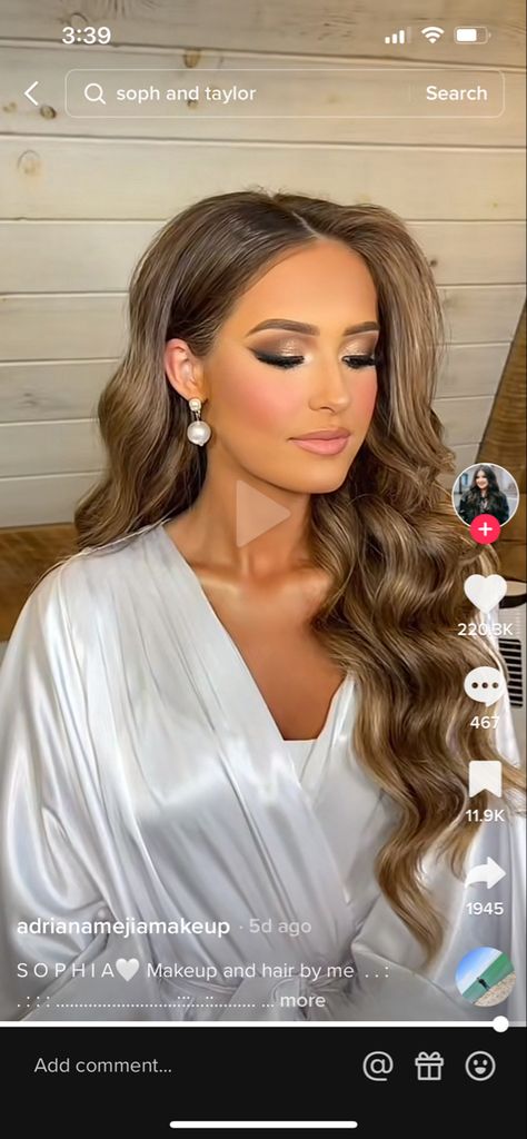 Sophia Hill Wedding Makeup, Makeup Wedding Ideas, Wedding Makeup On Brunette, Side Tuck Wedding Hair, Fall Wedding Makeup Bridesmaid Smokey Eye, Brown Hair Down Wedding, Glam Hair For Wedding, Waved Bridal Hair, Makeup Wedding Looks For Brown Eyes