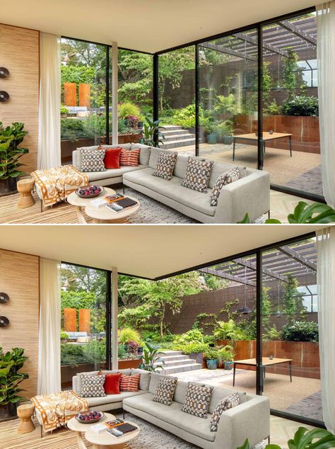 Living Room Garden View, Backyard Views, Courtyard Gardens Design, Outdoor Furniture Design, Window Room, Living Room Windows, Courtyard House, Home Building Design, Brick House