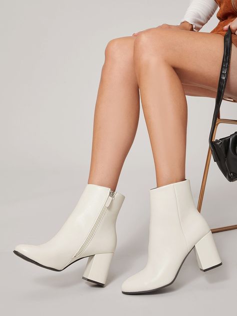 Almond Toe Side Zip Chunky Heel Ankle Boots Beige Elegant    Plain Classic Boots   Women Shoes, size features are:Bust: ,Length: ,Sleeve Length: Elegant Shoes Heels, White Leather Boots, Elegant Boots, White Ankle Boots, Chunky Heel Ankle Boots, Block Heel Ankle Boots, Elegant Shoes, Boots Women Fashion, Leather Block Heels