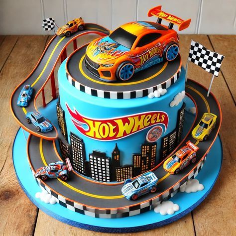 Bright two-tier Hot Wheels cake with a winding race track and a large loop. Cake Hot Wheels Birthday, Hot Wheels Birthday Party Cake, Hot Wheel Cake Ideas, Hot Wheels Bday Party Ideas, Birthday Cake 6 Boy, Birthday Cake 5 Boy, Cake With Cars Boys, Hot Wheel Theme Birthday Party, Boys 5th Birthday Cake