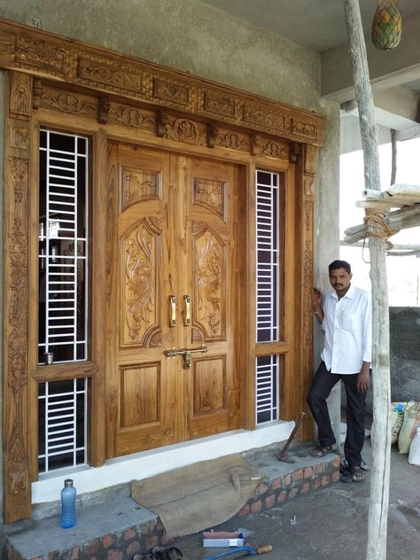 Teak Wood Main Door Design Entrance Indian, Wood Main Door Design, Teak Wood Main Door Design, Teak Wood Main Door, Wood Main Door, Temple Ideas, Puja Ghar, Advance Bravely, Luxury Ceiling Design