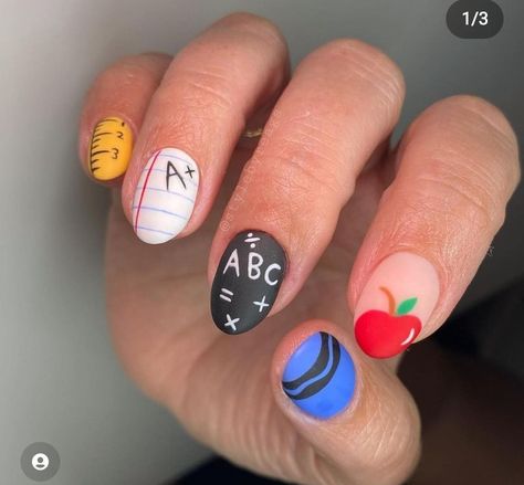 Crayon Nails Designs, Back To School Nails For Teachers, Teacher Nail Art, School Nail Ideas, Cute Back To School Nails, Back To School Nail Ideas, Teacher Nails, School Nail Art, Funny Fingers