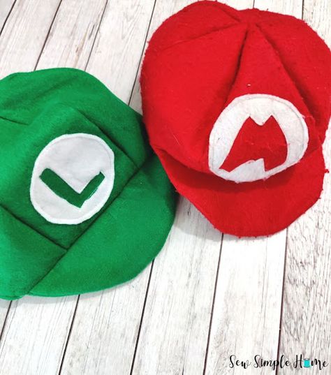 Mario Sewing Pattern, Luigi Hat Diy, Mario Hat Diy, Mario Hat Pattern, Diy Mario And Luigi Costume, Diy Mario Costume, Mario Costume Diy, Luigi Halloween Costume, Mario Cap