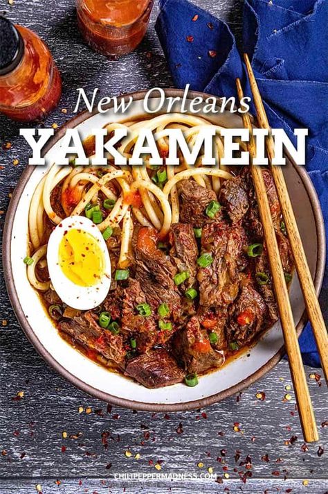 Experience the flavors of New Orleans with this yakamein recipe, a savory Creole beef noodle soup known for its hangover-healing powers. Find out how to prepare this comforting dish in your own kitchen. New Orleans Soup Recipes, New Orleans Style Yakamein, Yakamein Recipe New Orleans, Beef Yakamein New Orleans, Gumbo Ramen Recipe, Yaki Mein New Orleans, Shrimp Yakamein Recipe, Spicy Bowl Recipes New Orleans, Yakamein New Orleans Easy Recipes