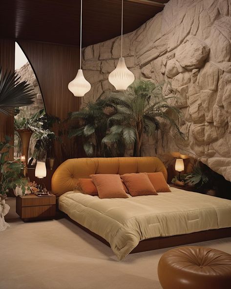 1970s Palm Springs luxury 🧡🌴 • • • • (AI images — MJ 5.2) #70sinterior #1970sinterior #70saesthetic #1970s #70svibes #70snostalgia #70sdecor #70s #vintage #interiordesign #homedecor #luxuryhomes Vintage 70s Interior Design, 70s Mountain House, Los Angeles Bedroom Aesthetic, 70s Modern Bedroom, Green 70s Bedroom, 80 Bedroom Aesthetic, Vintage Bed Ideas, Bedroom 70s Style, 70s Home Decor 1970s Interior Design