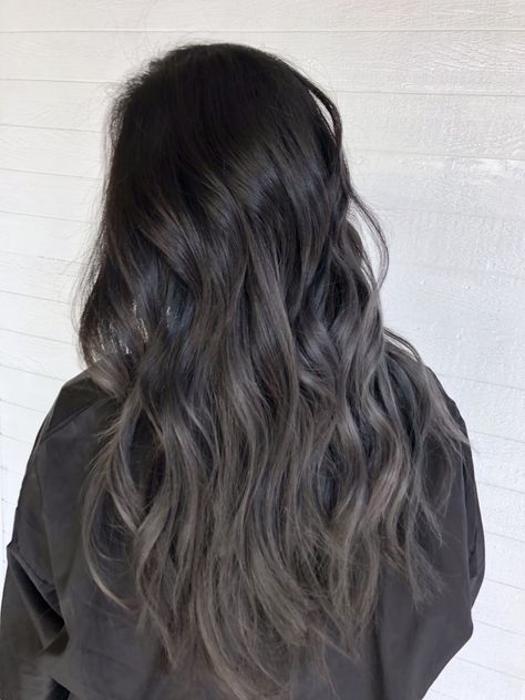 Ashy Black Hair Balayage, Smokey Black Hair, Ashy Balayage On Black Hair, Smokey Brunette Hair, Ashy Black Hair, Ash Black Hair Color, Gunmetal Hair, Smokey Balayage, Smokey Ash Brown Balayage Dark