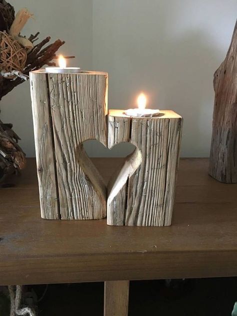 Driftwood Candle Holders, Driftwood Projects, Pretty Heart, Into The Wood, Diy Wooden Projects, Scrap Wood Projects, Driftwood Crafts, Wooden Candles, Wooden Projects