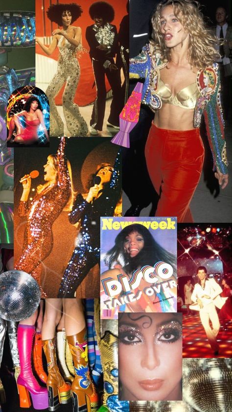 Check out slayinkaylyn's Shuffles #disco #70s #retroaesthetic #groovy #moodbord Extravagant Party Outfit, 70s Fashion Disco Dress, 70s Glitter Fashion, Space Disco Party Outfit, Disco Party 70s Outfit, 70s Night Outfit Party, 60s Disco Aesthetic, Disco Era Aesthetic, 70s Outfit Inspo Party