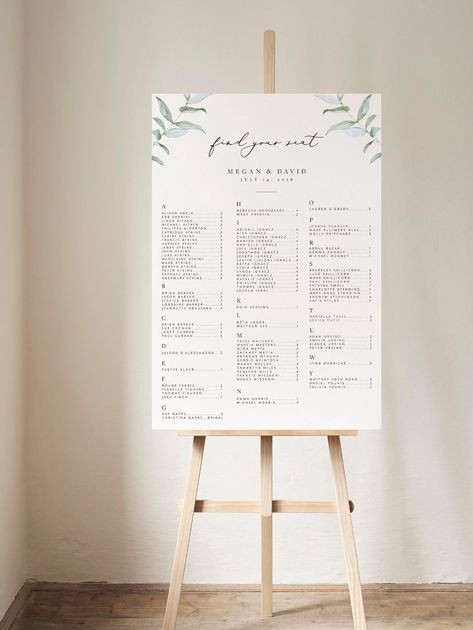 Olive Branch Wedding, Alphabetical Seating Chart, Seating Chart Sign, Wedding Seating Chart Template, Seating Chart Template, Chart Template, Template Wedding, Seating Plan, Seating Chart Wedding