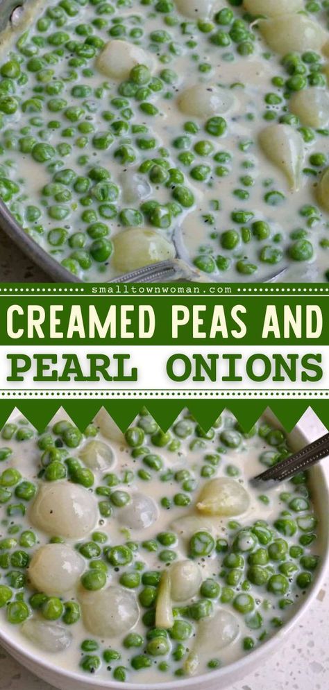 25 reviews · 20 minutes · Vegetarian · Serves 4 · Creamed Peas with Pearl Onions are a Thanksgiving side dish that's so easy to make! Combined with a rich, creamy sauce, this classic dish is delicious with steak, chicken, or beef! Add this to your… Peas With Pearl Onions, Peas And Pearl Onions, Creamed Pearl Onions Recipe, Pearl Onion Recipe, Winter Vegetables Recipes, Party Side Dishes, Thanksgiving Dinner Ideas, Creamed Peas, Christmas Side Dishes