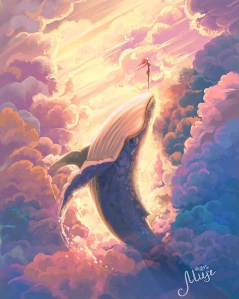 Vika Muse | freelance artist (@get.muse) • Instagram photos and videos Girl Freedom Painting, Whimsical Whale Art, Whale In Clouds, Whale Clouds, Whale In The Sky, Freedom Illustration, Freedom Artwork, Whale Artwork, Whale Tattoo