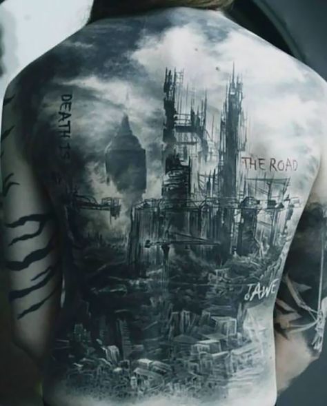 Apocalypse Tattoo, Tattoo Off, Girl Back Tattoos, City Tattoo, Full Back Tattoos, Body Tattoo, Architecture Tattoo, Inked Magazine, Grey Tattoo