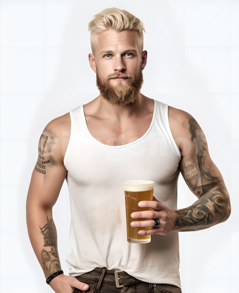 Blonde man with beard and tattos holding beer Blonde Man With Beard, Drinking Beer Drawing Reference, Holding Beer Reference, Beer On The Beach, Beer In Hand, Blonde Man, Blonde Beard, Man With Beard, Beer Tattoos