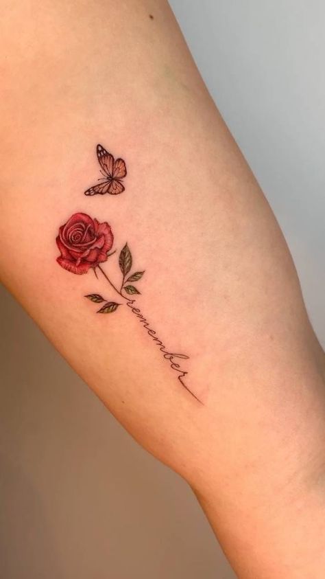 A red rose in memory of her beloved grandmother. Grandmother Tattoo, Memorial Tattoos Mom, Single Rose Tattoos, Rip Tattoo, Tribute Tattoos, Rose Tattoos For Women, Remembrance Tattoos, Small Rose Tattoo, Flower Wrist Tattoos