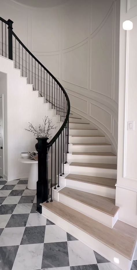 Curved Staircase Foyer, French Staircase, Checkered Floor, Circular Stairs, Staircase Railing Design, Checkerboard Floor, Entry Stairs, Staircase Remodel, Staircase Railings