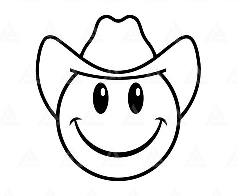 Smiley Face Cowboy Hat Tattoo, Cricut Pdf Files Free, Cowgirl Silhouette, Cowboy Hat Tattoo, Engraving Designs, Face Clipart, Face Png, Needle Embroidery, Poster Drawing