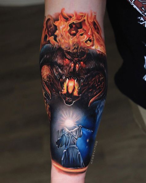 Balrog Vs Gandalf by Andrés Acosta, artist and owner at Acostattoos in Austin, Texas. Gandalf Tattoo, Tolkien Tattoo, Tattoos Illustration, Tatuaje Trash Polka, Lotr Tattoo, Lord Of The Rings Tattoo, Demon Tattoo, Fantasy Tattoos, Fire Tattoo