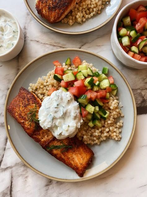 Pan Seared Salmon with Pearled Couscous and Cucumber Yogurt Dip - Something Nutritious Cucumber Yogurt Dip, Pearled Couscous, Salmon Couscous, Pearl Couscous Recipes, Affordable Meals, Cucumber Yogurt, Recipes Seafood, Fresh Cucumber, 2b Mindset