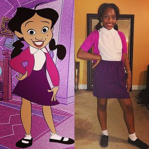 Bring back one of the Disney Channel's coolest characters in a classic white button-up, pink cardigan, and purple skirt.  Source: Instagram user socksnevermatch Penny Proud Costume, Character Day Ideas, Penny Proud, Tv Show Halloween Costumes, Cartoon Halloween Costumes, 90s Halloween Costumes, Disney Characters Costumes, Spirit Week Outfits, Disney Halloween Costumes