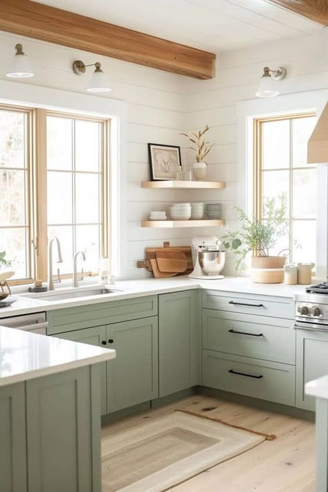 22 Green Kitchen Decor Ideas » Lady Decluttered Light Sage Green Kitchen Cabinets, Sage And White Kitchen, Sage Green And Wood Kitchen, Sage Green And White Kitchen, Light Green Kitchen Cabinets, Sage Green Cabinets, Light Green Kitchen, Green Kitchen Cabinet, Downstairs Ideas