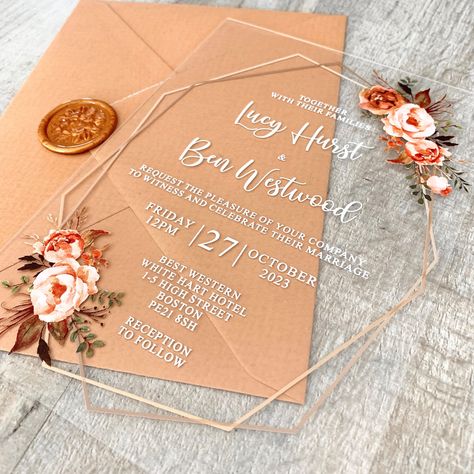 WOW your guests with these stunning PVC/acrylic wedding invitations. (Personalised and translucent acrylic invitations.) Stunning floral burnt orange acrylic Invitation, perfect for an autumn / fall wedding  FULLY PERSONALISED CLEAR ACRYLIC INVITATION INCLUDES THE FOLLOWING: INVITATION UV printed on a beautifully clear 1mm or 2mm acrylic or 0.5mm PVC (please make your choice from the drop-down menu) Text is fully customisable - Change as little or as much as you like! Dimensions: 127 x 178 mm / Clear Autumn, Orange Invitation, Woodland Wedding Invitations, Cherry Blossom Wedding Invitations, Orange Wedding Themes, Orange Wedding Invitations, Acrylic Invitation, Burnt Orange Weddings, Pumpkin Wedding