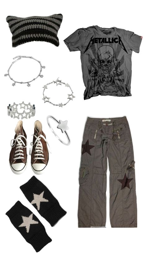 Autfit de Estrella  café , gris y negro Star Clothing Aesthetic, 2000s Alt Fashion, Star Fits, Fire Clothes, Silly Guy, 90s Fashion Grunge, Swaggy Outfits, Really Cute Outfits