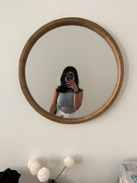 Ikea Circle Mirror, Wooden Circle Mirror, Circle Mirror Pics, Circle Mirror Bedroom, Cermin Aesthetic, Home Ikea, Mirror Circle, Closet Mirror, 2024 Bedroom