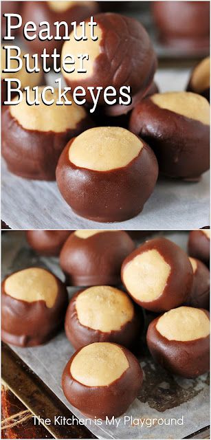 Peanut Butter Buckeyes ~ These delicious little bites are just loaded with that classic chocolate & peanut butter combination we love! Whip up a tasty batch at Christmas time, or anytime that chocolate-peanut butter craving hits. www.thekitchenismyplayground.com Chocolate Peanut Butter Buckeyes, Cookie Butter Buckeyes, Peanut Butter Bullseye, Bullseye Peanut Butter Balls, Healthy Buckeyes Recipe, Peanut Butter Buckeye Balls, Pioneer Woman Buckeyes, Classic Buckeye Recipe, Reese Peanut Butter Balls