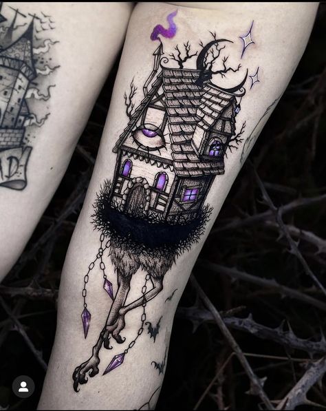 Witch House Tattoo, Baba Yaga Tattoo, Babayaga Tattoo, Witch Legs, Baba Yaga, Home Tattoo, Witch House, Chicken Legs, Tattoo Design Drawings