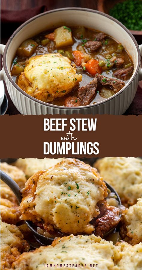 A large bowl of beef stew with a dumpling on top.  A close up image of a dumpling being scooped out of the pot with a large soup ladle. Beef Stew And Dumplings, Stew With Dumplings, Beef Stew With Dumplings, Stew And Dumplings, Hearty Beef Stew, Stew Meat Recipes, Homemade Dumplings, Beef Stew Crockpot, Pot Beef Stew