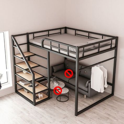 Iron High Loft Bed with Storage Contemporary Full/Queen Loft Bed with Stairway - Without Wardrobe Black 47"W x 79"L Queen Loft Bed, Loft Bed Design, High Loft Bed, Cool Loft Beds, Queen Loft Beds, Queen Size Bunk Beds, Loft Bed With Storage, Bunk Bed With Desk, Bunk Bed Loft