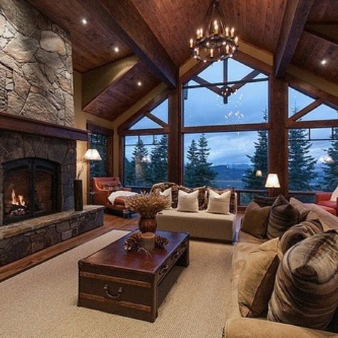 Log Home, lodge-style living room with huge stone fireplace, vaulted ceiling with beams, and large windows. Dröm Hus Planer, Montana House, Cabin Living, Log Cabin Homes, Dream Living, Rustic Living, Dream Houses, Beautiful Living Rooms, Winter Vacation