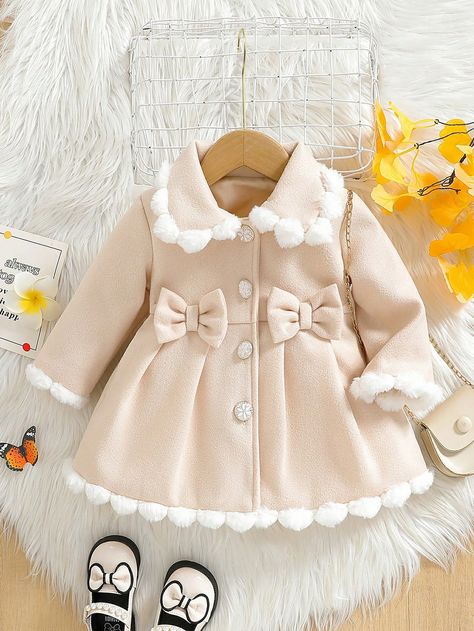 Baby Girls' Woolen Coat With Fur Collar And 3D Bowknot, Autumn And Winter Apricot   Long Sleeve Fabric Colorblock,Plain Other Non-Stretch  Baby Girls Clothing, size features are:Bust: ,Length: ,Sleeve Length: Winter Baby Clothes Girl, Baby Girl Winter Dress, Baby Winter Dress, Baby Girl Winter Clothes, Kids Dress Shoes, Girls Winter Dresses, Baby Girl Clothes Winter, Girls Dresses Sewing