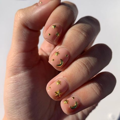 Samantha 🌹 (@samrosenails) • Instagram photos and videos Gold Celestial Nails, Gold Stars Nails, Star And Moon Nails, Sun Nail Art, Stud Nail Art, Whimsical Nail Art, Jelly Makeup, Neat Nails, Confetti Nails